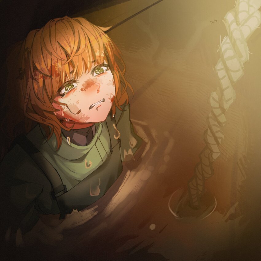 1girl, apron, blood, blood_in_hair, blood_on_face, commentary_request, facing_up, french_commentary