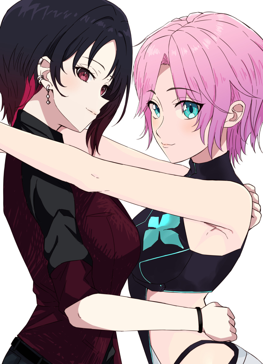 2girls, bare_shoulders, belt, black_belt, black_hair, black_pants, black_shirt, blue_eyes