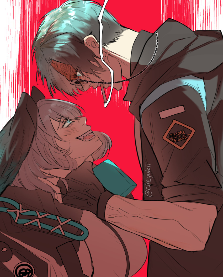 1boy, 1girl, angry, aqua_eyes, aqua_hair, aqua_wings, arknights, artist_name