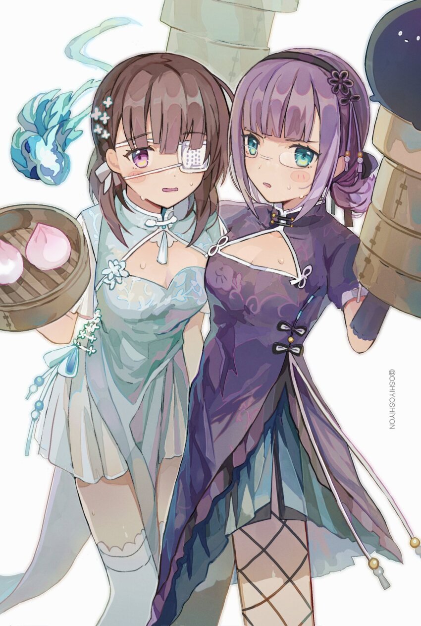 2girls, bamboo_steamer, breasts, brown_hair, china_dress, chinese_clothes, cleavage, dress, drill_hair, eyepatch, fishnet_thighhighs, fishnets, food, gloves, green_eyes, hair_ornament, heaven_burns_red, highres, higuchi_seika, higuchi_seika_(exploration_of_the_universe_dazzle_of_the_stars), hiiragi_kozue, holding, holding_bamboo_steamer, medium_breasts, multiple_girls, narvy_(heaven_burns_red), one_eye_covered, oshiyoshiyon, pelvic_curtain, purple_eyes, purple_hair, ribbon, semi-rimless_eyewear, small_breasts, steamed_bun, thighhighs, twin_drills, white_background