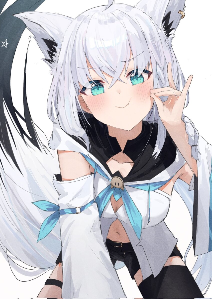 1girl, ahoge, animal_ear_fluff, animal_ears, armpit_peek, belt, black_belt, black_pants