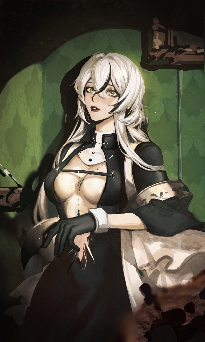 1girl, absurdres, black_dress, black_gloves, black_lips, breasts, breasts_apart, center_opening