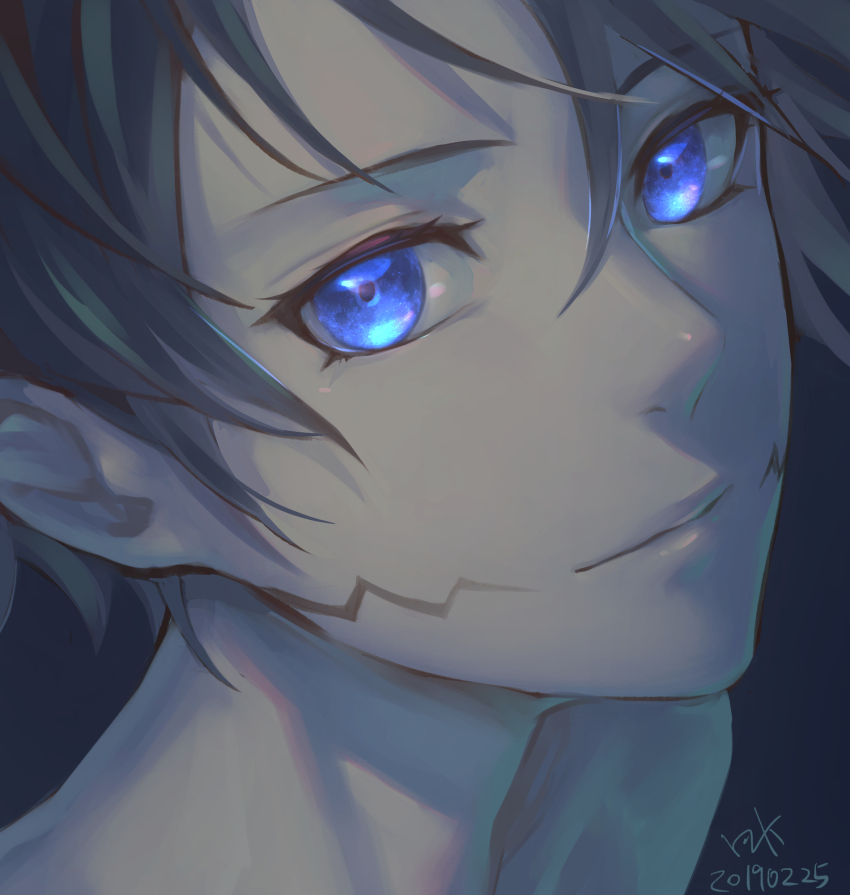 1boy, black_hair, blue_eyes, closed_mouth, dated, dimple_facial_mark, facial_mark, god_eater