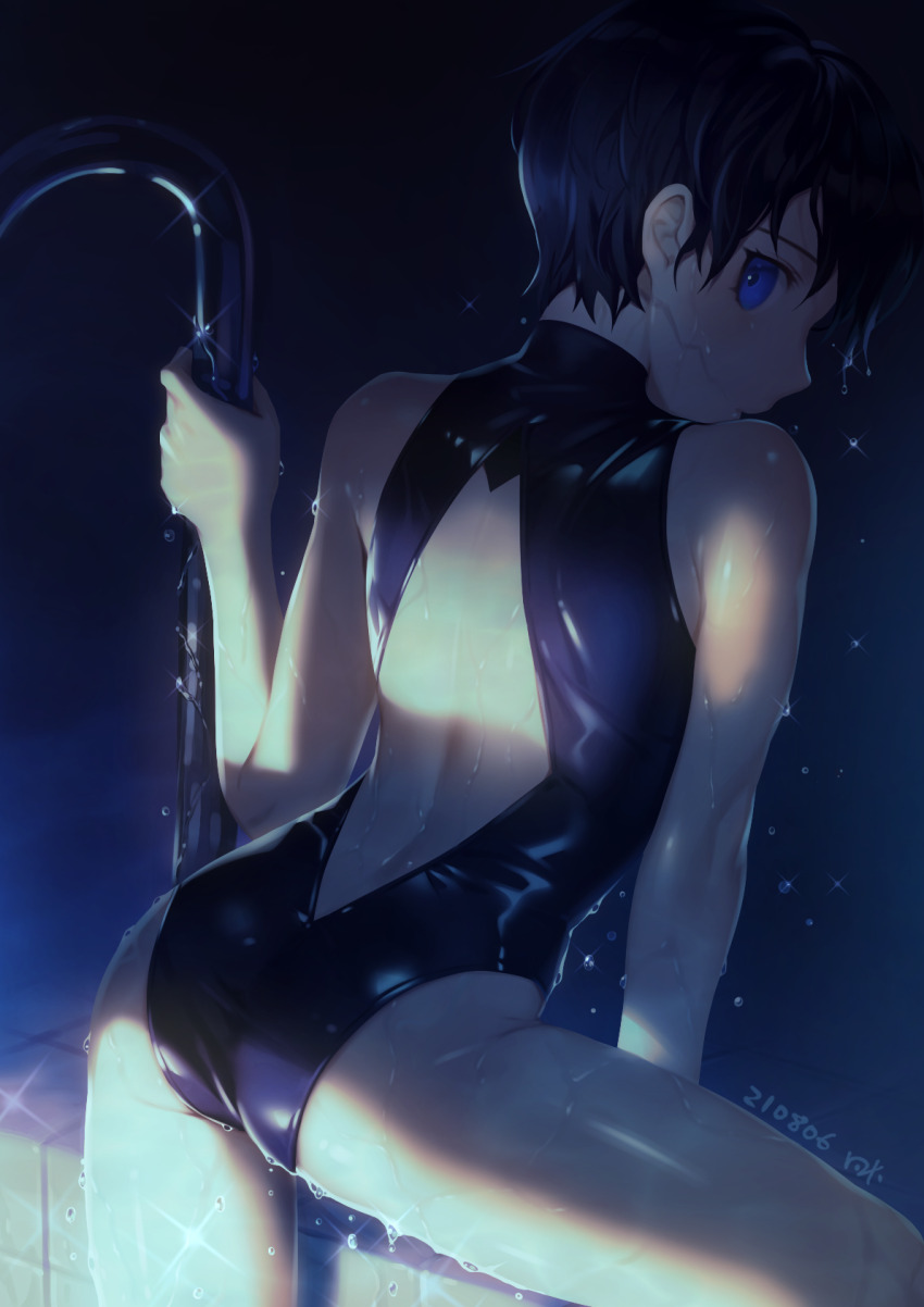 1boy, arm_support, ass, back, backless_swimsuit, backlighting, black_hair, black_one-piece_swimsuit