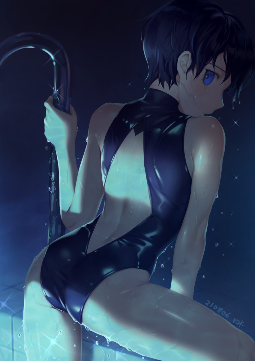 1boy, arm_support, ass, back, backless_swimsuit, backlighting, black_hair, blue_background