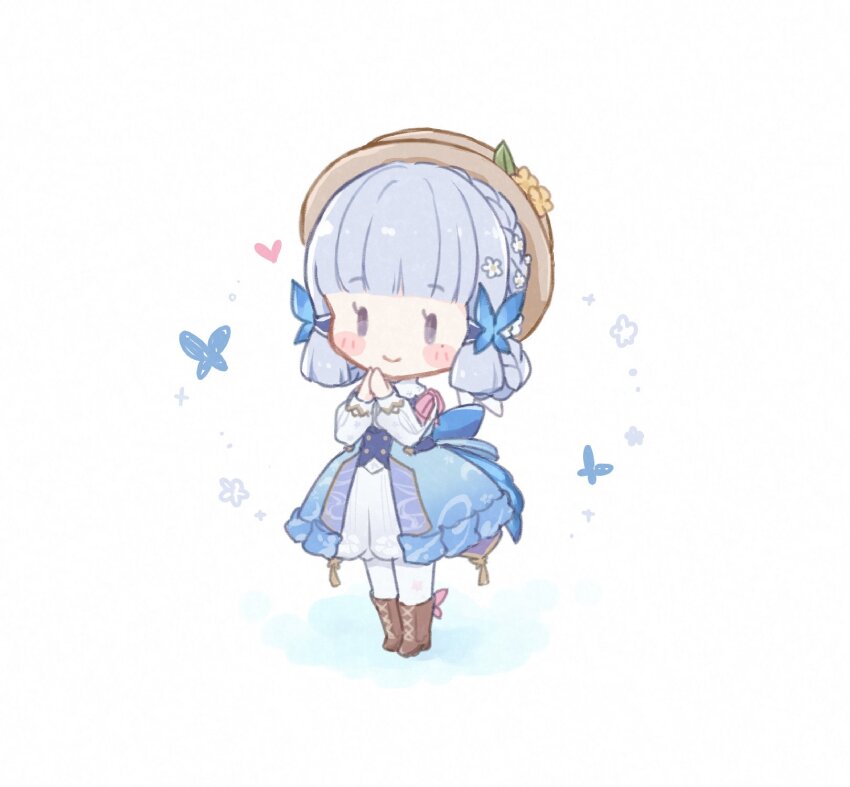 1girl, ayaka_(genshin_impact), blue_dress, blush, boater_hat, boots, braid, braided_hair_rings