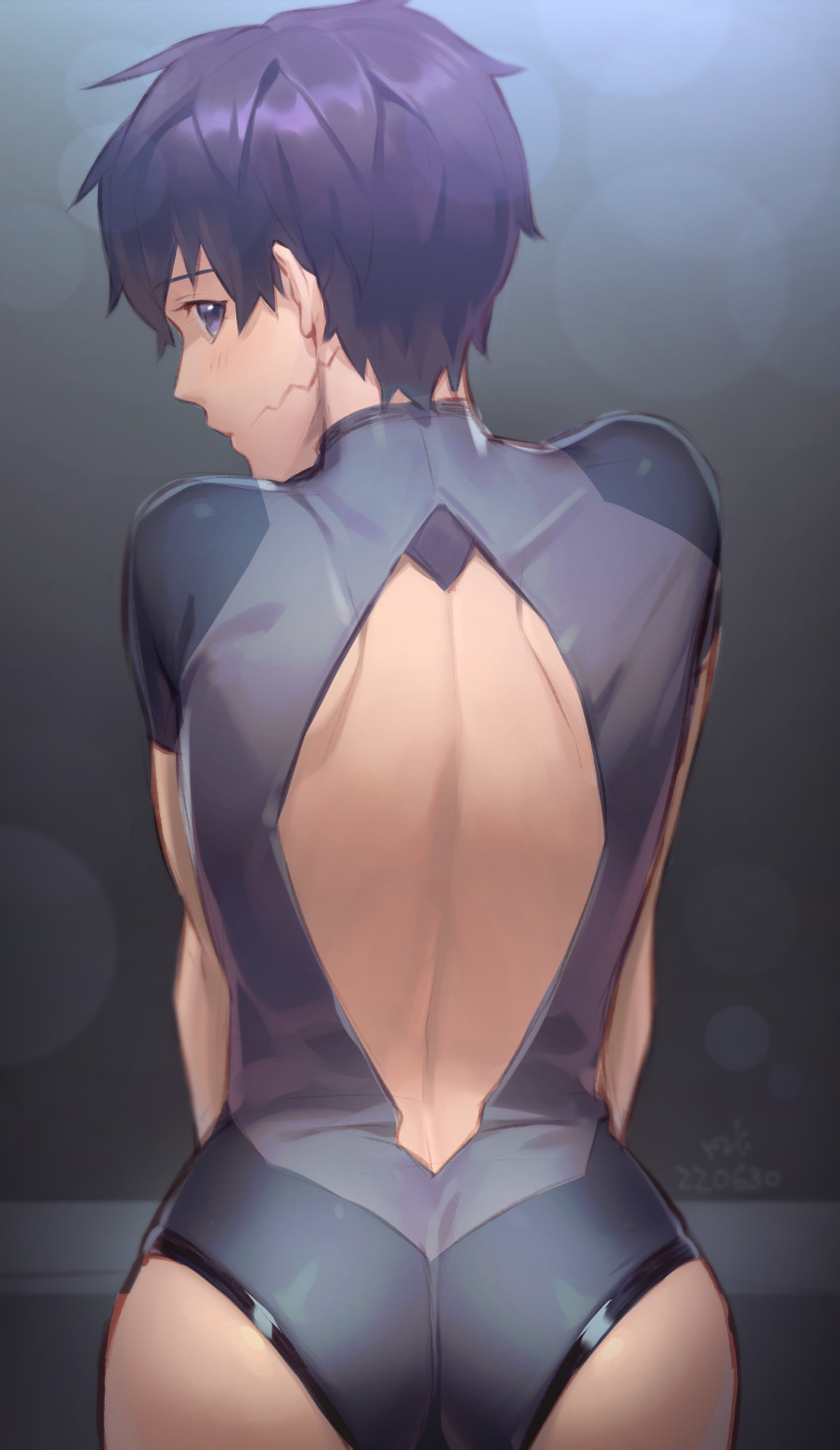 1boy, absurdres, ass, back, backless_outfit, black_hair, blue_eyes, blurry