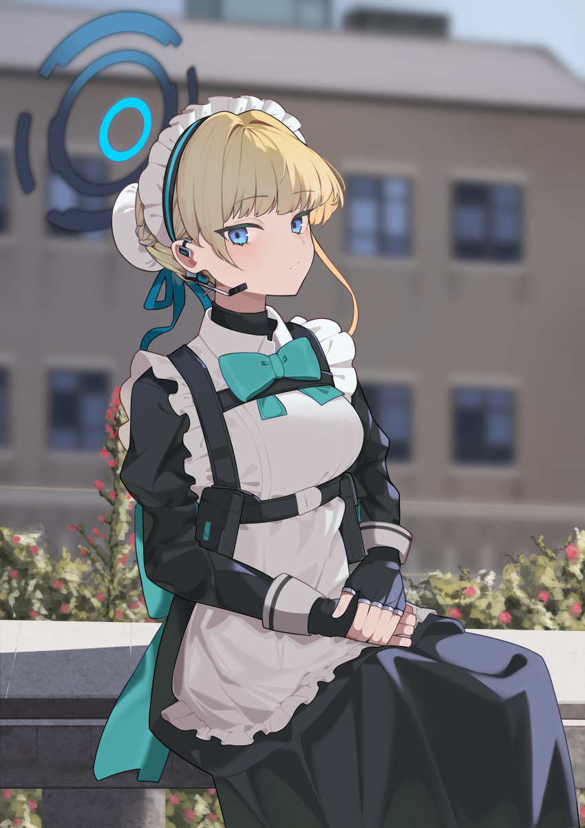 1girl, absurdres, apron, black_dress, black_gloves, blonde_hair, blue_archive, blue_eyes