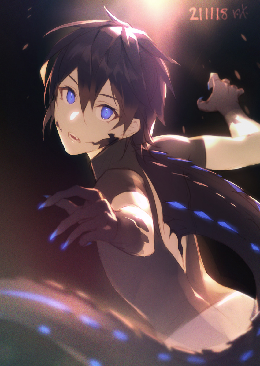 1boy, arched_back, back_cutout, black_background, black_gloves, black_hair, black_shirt, blue_eyes