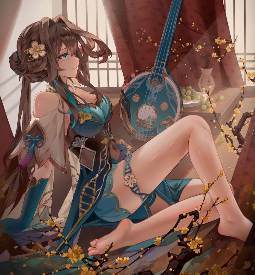 1girl, absurdres, ai_dongdong, aqua_dress, aqua_eyes, aqua_gloves, barefoot, breasts