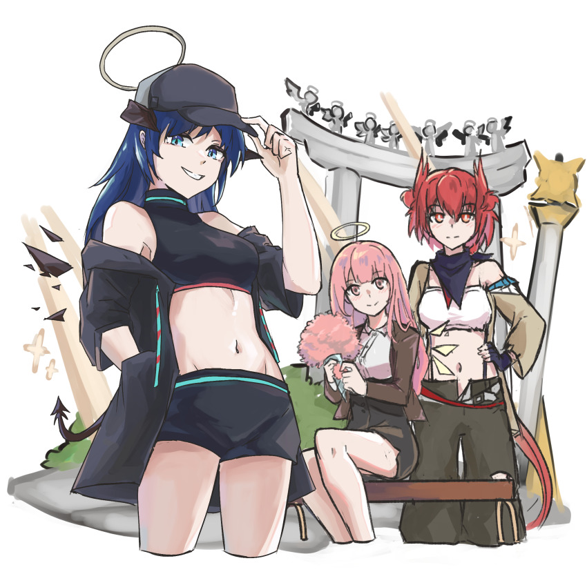 3girls, arknights, astrograph21, bandana, bandeau, bare_shoulders, black_headwear, black_jacket