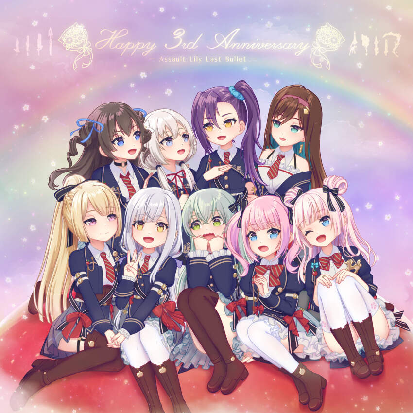 6+girls, ;d, ankle_boots, anniversary, aqua_eyes, aqua_hair, arm_at_side, arm_belt