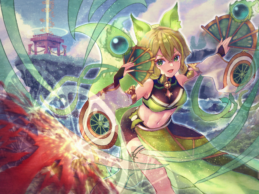 1girl, absurdres, animal_ears, asymmetrical_pants, blonde_hair, breasts, crop_top, detached_sleeves, duel_monster, fox_ears, fox_girl, fujino_123, green_eyes, hair_between_eyes, hand_fan, highres, holding, holding_fan, hu-li_the_jewel_mikanko, large_ears, long_sleeves, medium_breasts, midriff, nail_polish, navel, open_mouth, short_hair_with_long_locks, smile, solo, wide_sleeves, yu-gi-oh!