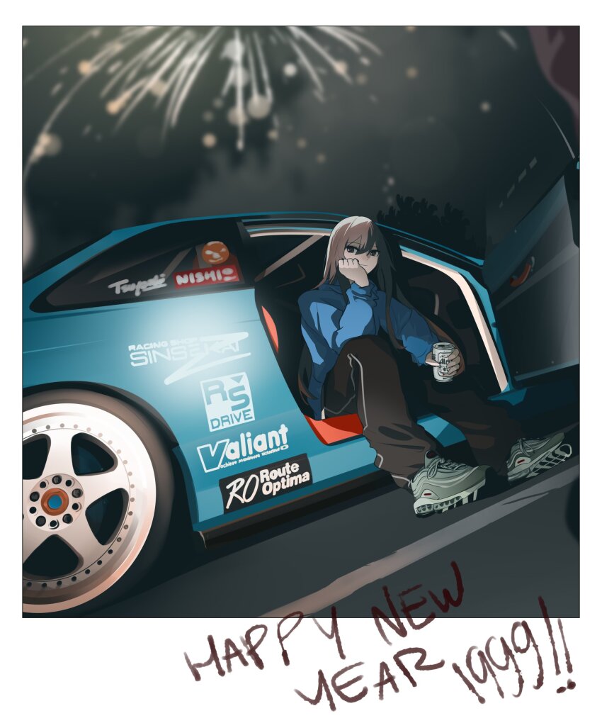 1999, 1girl, absurdres, aerial_fireworks, air_max, asamiya_mariko_(holeecrab), black_pants, blue_hoodie