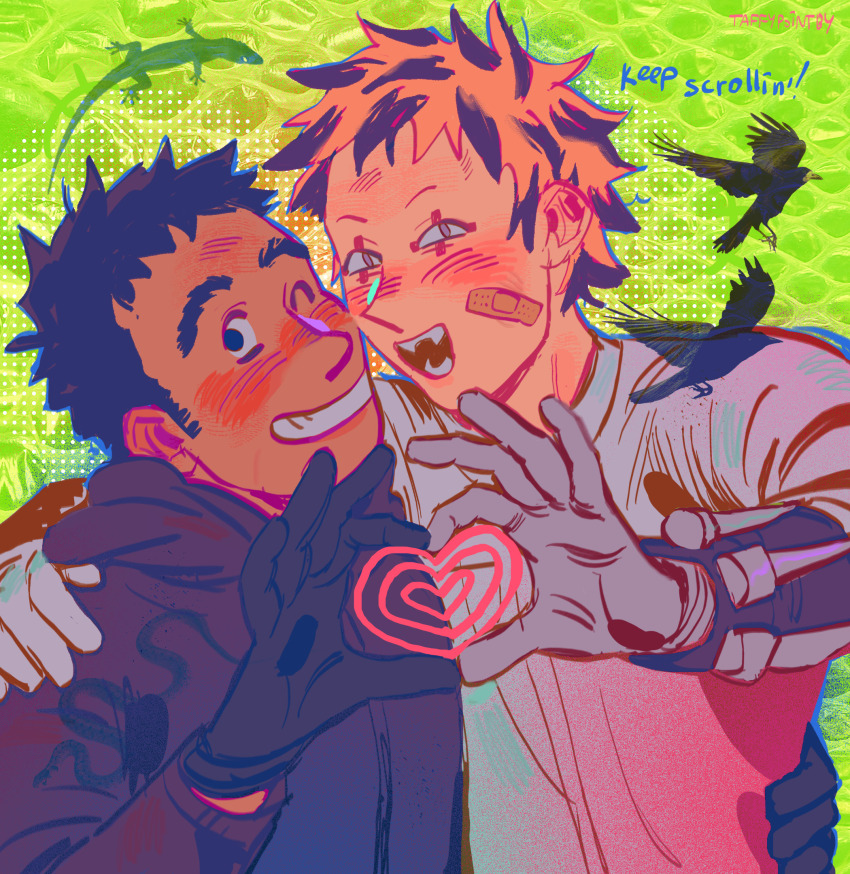 2boys, aikawa_(dorohedoro), bandaid, bandaid_on_cheek, bandaid_on_face, black_hair, blonde_hair, blush