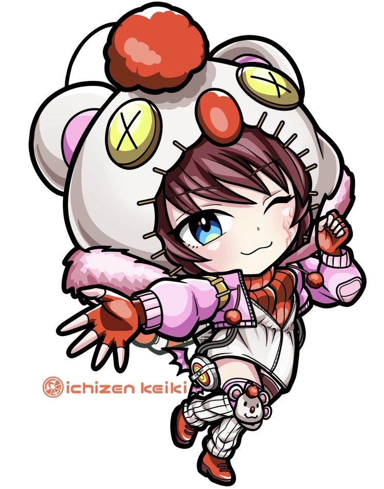 1girl, animification, apex_legends, artist_name, blue_eyes, blush, brown_hair, chibi