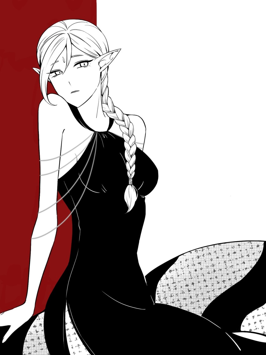 1girl, alternate_costume, bare_arms, braid, braided_ponytail, braided_ponytail_lamia_(dungeon_meshi), breasts, cowboy_shot