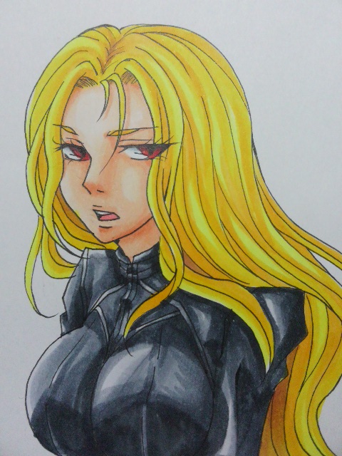 1girl, artist_request, blonde_hair, breasts, kyoushoku_soukou_guyver, large_breasts, long_hair, looking_at_viewer, open_mouth, red_eyes, solo, traditional_media, valkyria_forsberg_lisker