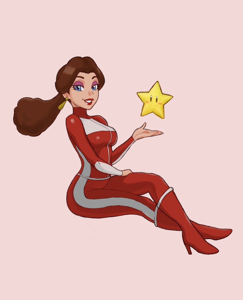 1girl, biker_clothes, biker_pauline, bikesuit, blue_eyes, bodysuit, boots, bow