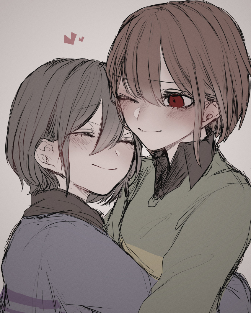 2others, absurdres, black_shirt, blue_sweater, blush, brown_hair, chara_(undertale), closed_eyes, closed_mouth, collared_shirt, frisk_(undertale), green_sweater, grey_background, grey_hair, hair_between_eyes, heart, highres, hug, long_sleeves, looking_at_another, mo_11220088, multiple_others, one_eye_closed, red_eyes, shirt, short_hair, simple_background, single_stripe, smile, standing, striped_clothes, striped_sweater, sweater, undertale, utdr_(toby_fox)