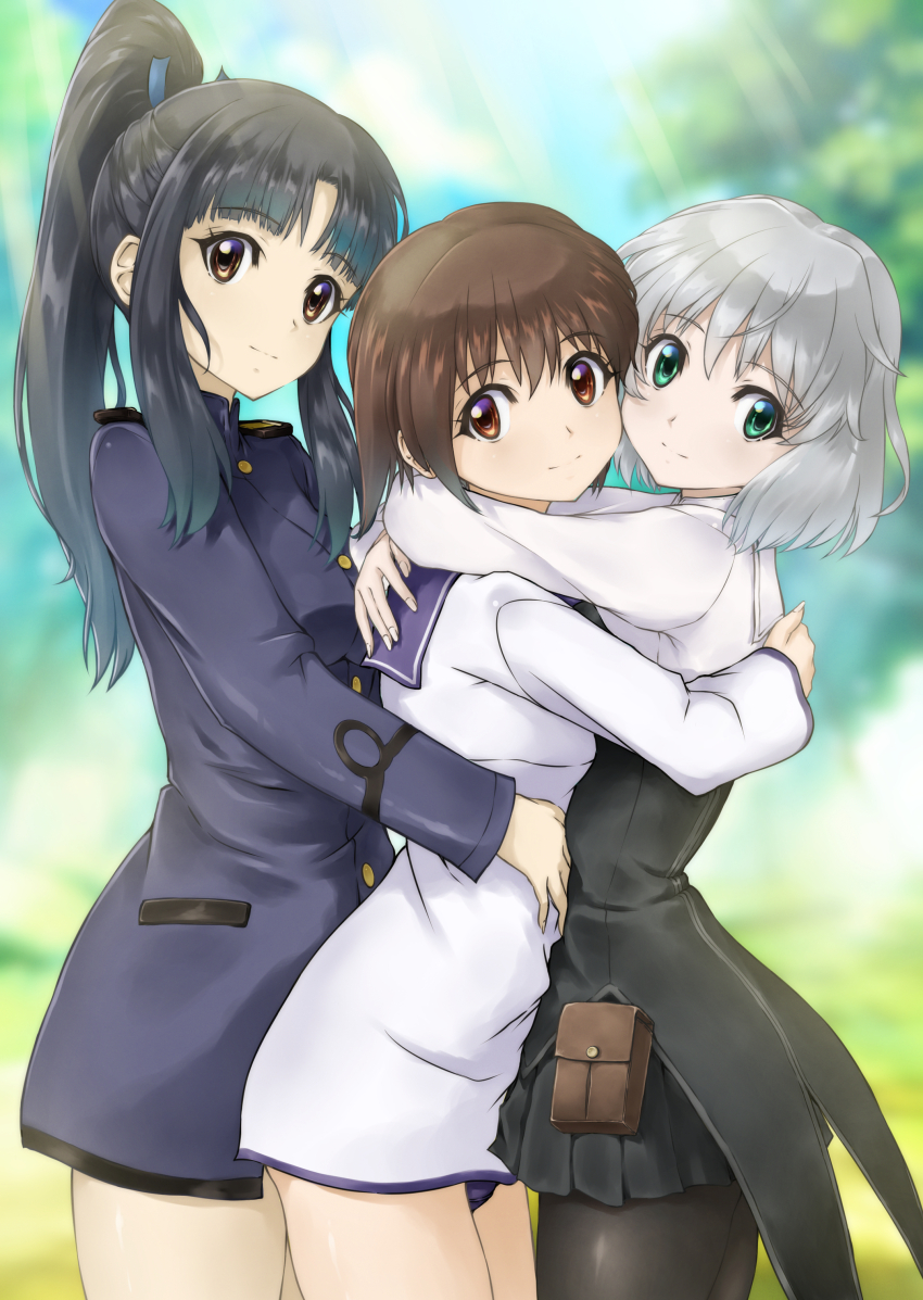 3girls, absurdres, black_hair, black_pantyhose, black_skirt, blush, breasts, brown_eyes
