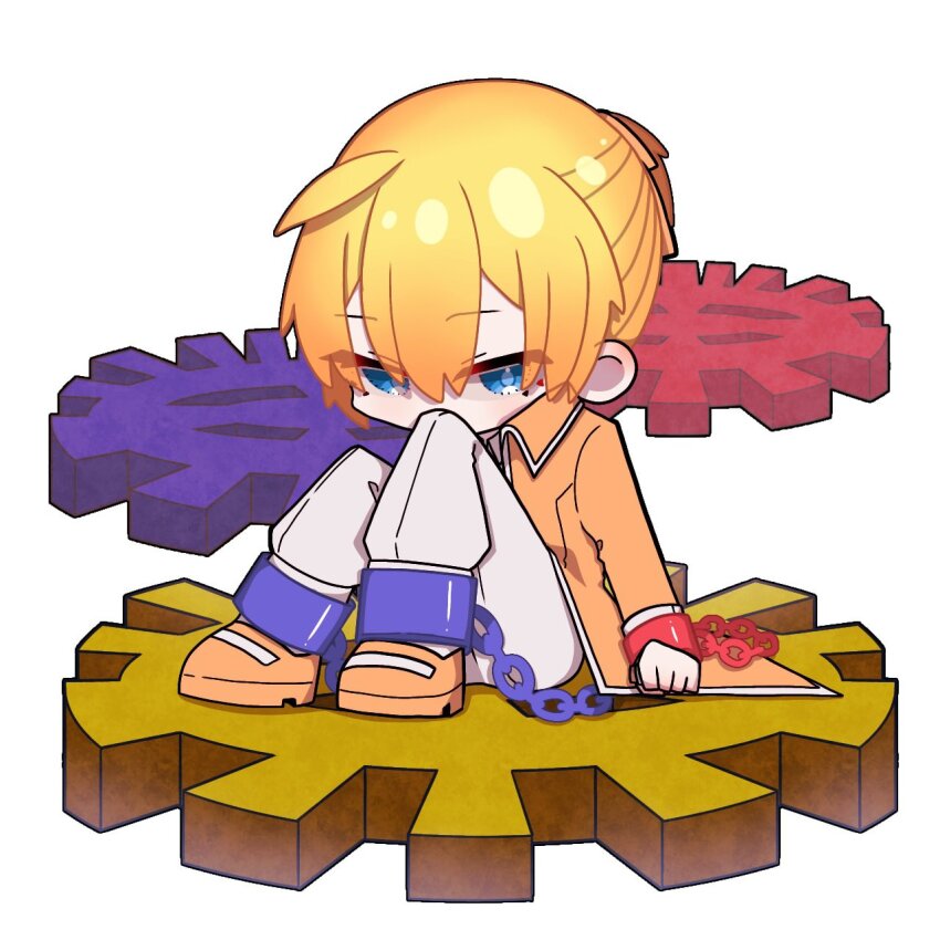 1boy, ahoge, allen_avadonia, blonde_hair, blue_eyes, bound, brown_pants, chaban_capriccio_(vocaloid)