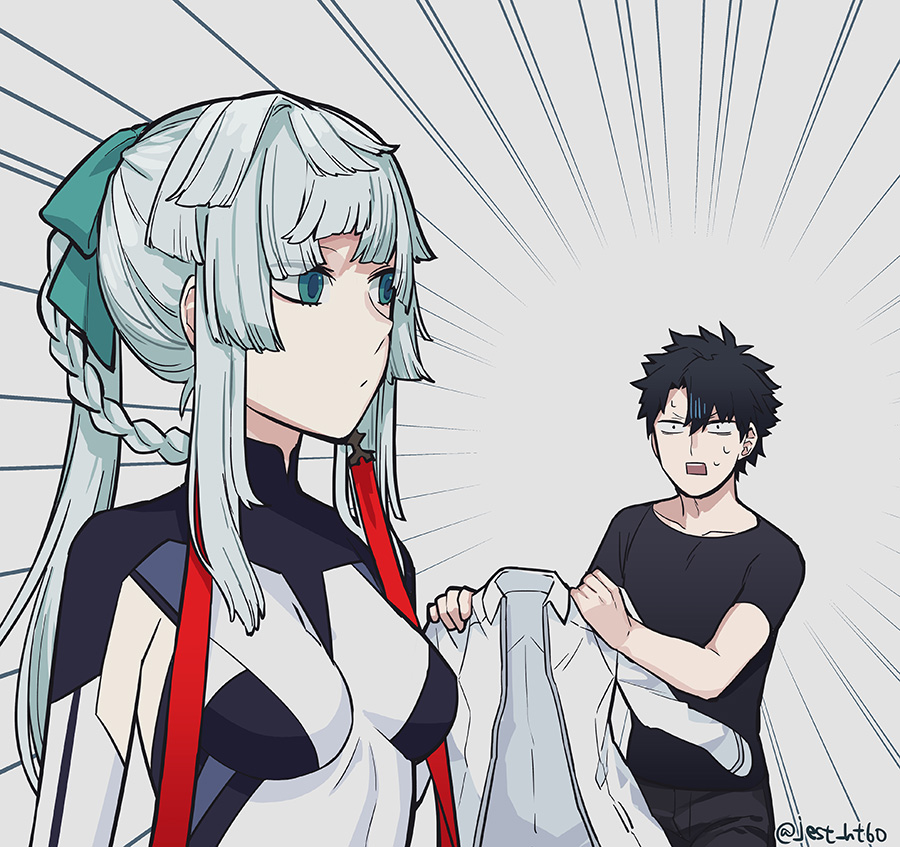 1boy, 1girl, aqua_eyes, armpit_cutout, black_bodysuit, black_hair, black_shirt, bodysuit