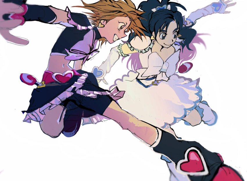 2girls, black_eyes, black_footwear, black_gloves, black_hair, black_shirt, black_skirt, boots, brown_eyes, brown_hair, cure_black, cure_white, dress, futari_wa_precure, gloves, high_ponytail, highres, long_hair, magical_girl, misumi_nagisa, multiple_girls, ponytail, precure, shirt, short_hair, simple_background, skirt, white_dress, white_gloves, yoon_da1297, yukishiro_honoka