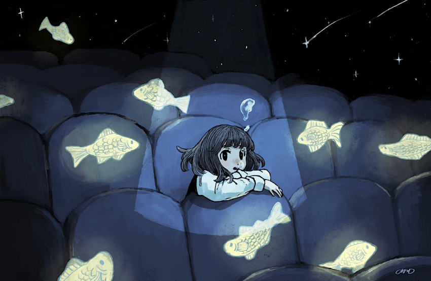 1girl, air_bubble, black_hair, blush, bubble, blowing_bubbles, fish, medium_hair