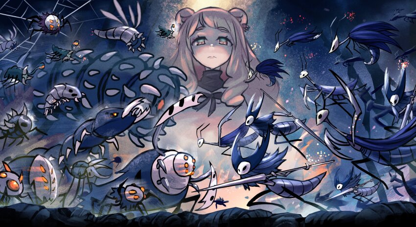 1girl, absurdres, arm_blade, blonde_hair, brown_hair, bug, carver_hatcher_(hollow_knight), character_request, corpse_creeper_(hollow_knight), deephunter_(hollow_knight), deepling_(hollow_knight), garpede_(hollow_knight), goam_(hollow_knight), grub_mimic_(hollow_knight), highres, holding, holding_polearm, holding_weapon, hollow_knight, little_weaver_(hollow_knight), long_hair, looking_down, mantis_lord_(hollow_knight), mantis_warrior_(hollow_knight), mantis_youth_(hollow_knight), minster_(dooke), nail_(hollow_knight), original, polearm, spider, stalking_devout_(hollow_knight), sword, virtual_youtuber, war, weapon