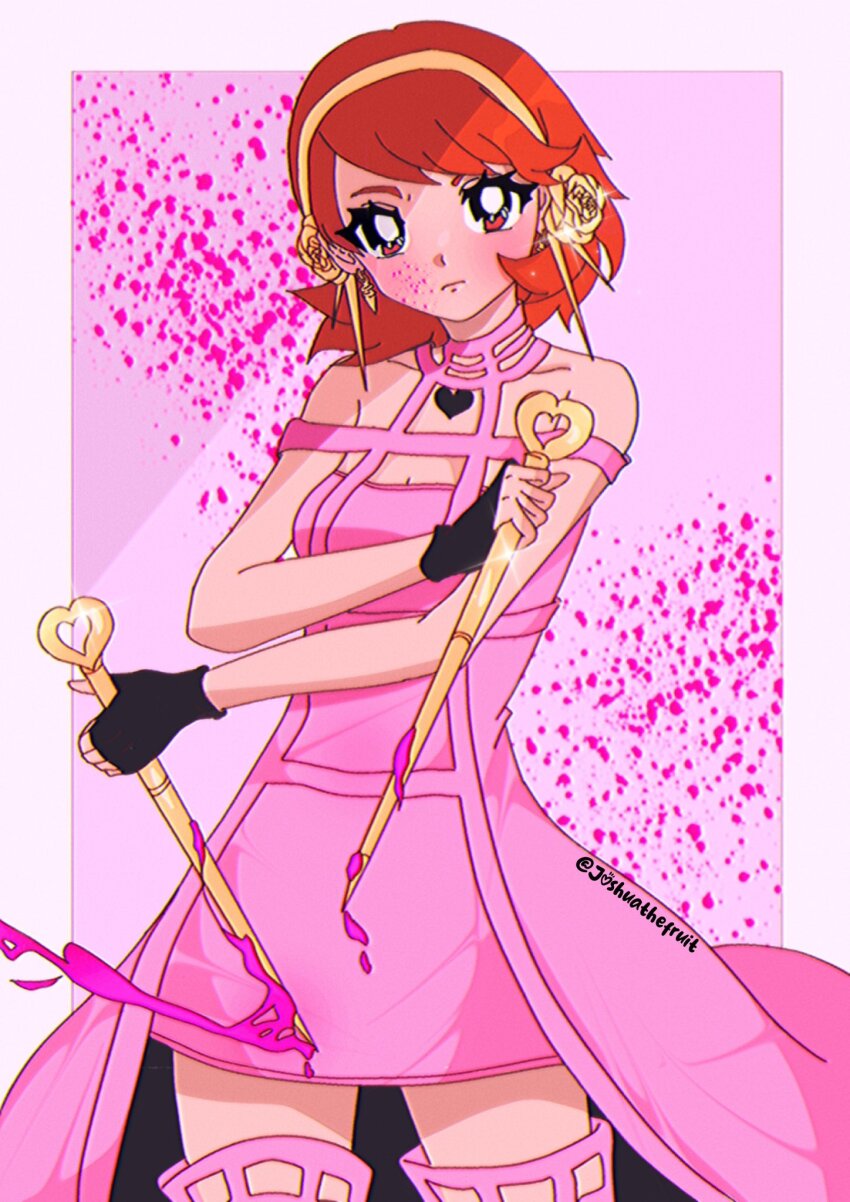 1girl, bare_shoulders, black_gloves, blood, blood_on_face, blood_splatter, bloody_weapon, blush