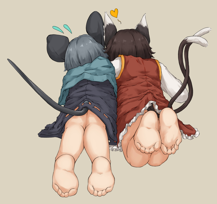 2girls, animal_ears, bare_legs, barefoot, black_dress, brown_hair, capelet, cat_ears, cat_tail, chagamaka, chen, dress, feet, feet_up, flying_sweatdrops, foot_focus, frills, from_behind, grey_background, grey_hair, heart, highres, long_sleeves, lying, mouse_ears, mouse_tail, multiple_girls, multiple_tails, nazrin, nekomata, missing_headwear, on_stomach, petite, petticoat, red_dress, short_hair, side-by-side, simple_background, soles, tail, touhou, two_tails