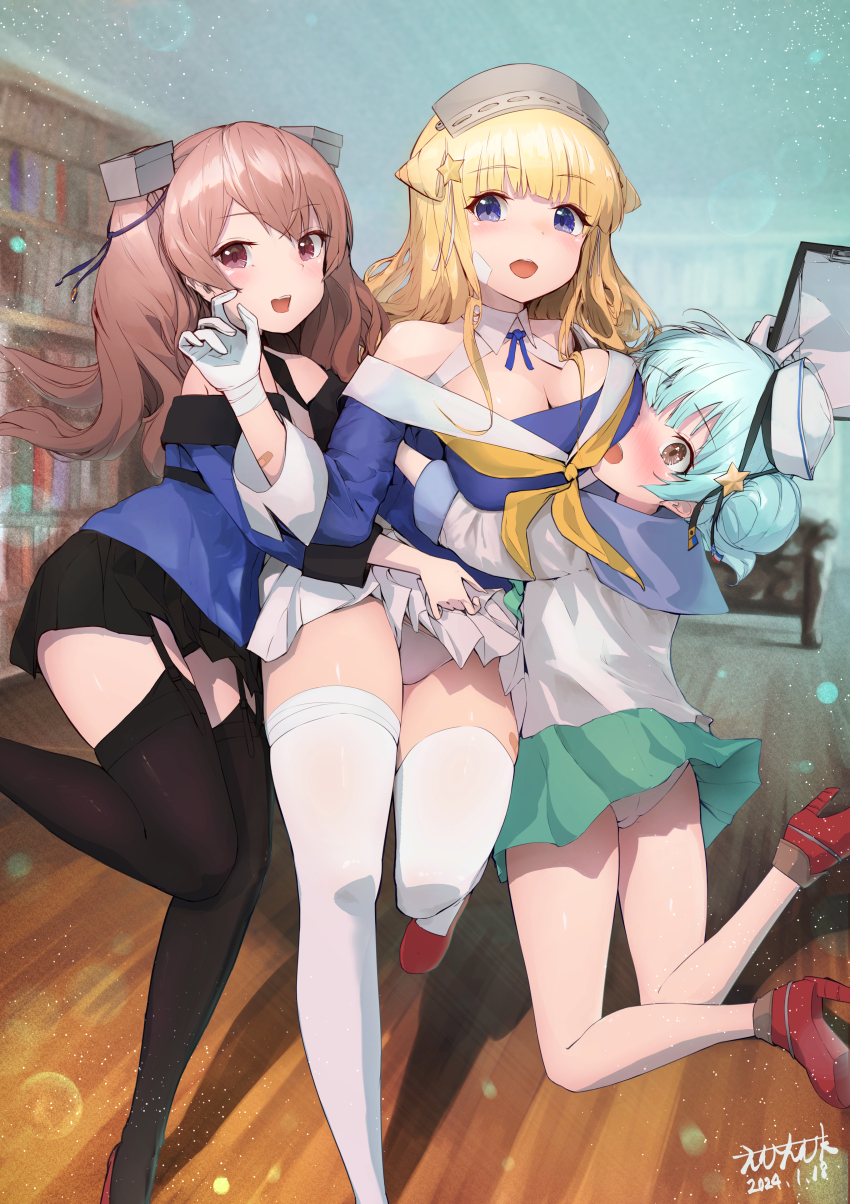 3girls, absurdres, aqua_neckerchief, aqua_skirt, bandaid, bandaid_on_face, black_ribbon, black_skirt, black_thighhighs, blonde_hair, blue_hair, blue_sailor_collar, blue_shirt, breast_smother, breasts, brown_eyes, cleavage, clipboard, dixie_cup_hat, double_bun, face_to_breasts, feet_out_of_frame, fletcher_(kancolle), garter_straps, gloves, hair_bun, hair_ornament, hat, headgear, highres, hug, johnston_(kancolle), kantai_collection, large_breasts, light_brown_hair, long_hair, long_sleeves, military_hat, mmk_(majinai_no_mori), multiple_girls, navy_cross, neckerchief, off-shoulder_shirt, off_shoulder, panties, pantyshot, ribbon, sailor_collar, samuel_b._roberts_(kancolle), school_uniform, serafuku, shirt, skirt, star_(symbol), star_hair_ornament, thighhighs, two_side_up, underwear, white_gloves, white_headwear, white_panties, white_sailor_collar, white_skirt, white_thighhighs, yellow_neckerchief