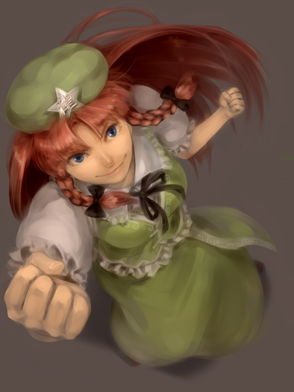 1girl, blue_eyes, braid, cha_kuro_(limo), chamata_nichikuro, china_dress, chinese_clothes, dress, female_focus, foreshortening, hat, hong_meiling, lips, long_hair, red_hair, simple_background, smile, solo, touhou, twin_braids