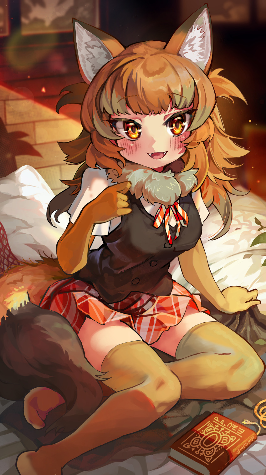absurdres, animal_ears, blush, brown_eyes, brown_hair, dhole_(old_design)_(kemono_friends), dog_ears, dog_tail