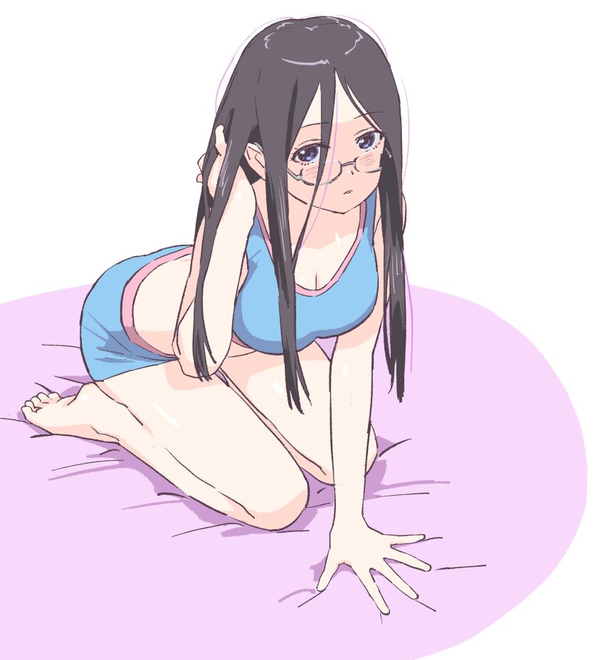 1girl, absurdres, adjusting_hair, bare_arms, bare_legs, birthday, blue_eyes, blue_sports_bra, blush, breasts, cleavage, glasses, gym_shorts, hair_between_eyes, highres, kneeling, large_breasts, long_hair, looking_at_viewer, medium_breasts, nazo_no_anime-dan, saitou_kaede_(yama_no_susume), shorts, simple_background, solo, sports_bra, underwear, underwear_only, white_background, yama_no_susume