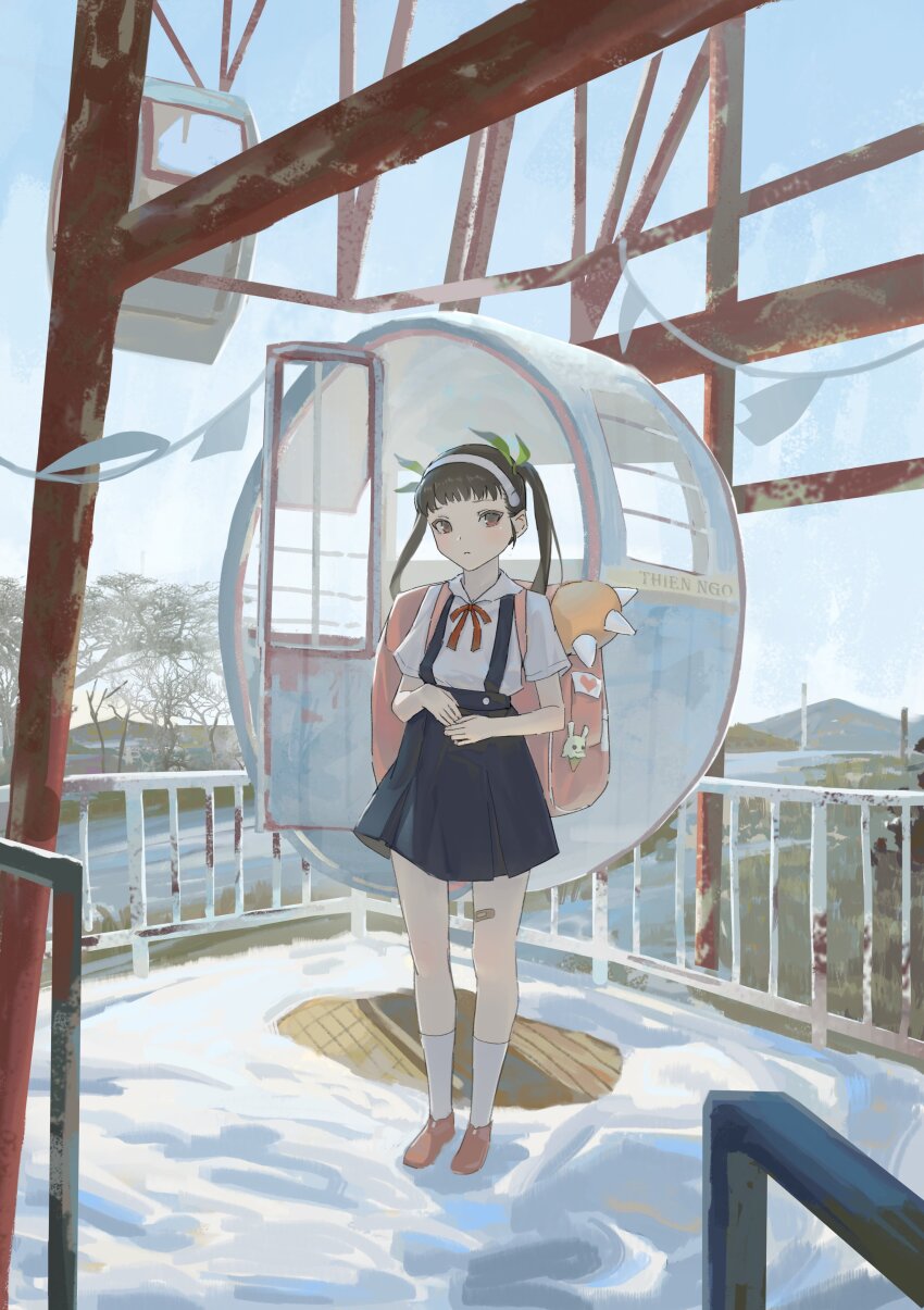 1girl, absurdres, artist_name, backpack, bag, black_hair, blue_skirt, blue_sky