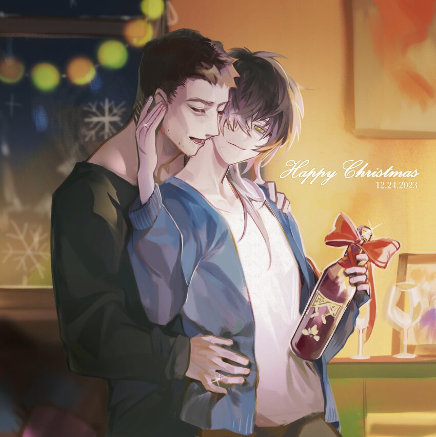 2boys, absurdres, alcohol, black_hair, black_sweater, blue_jacket, blurry, blurry_background, bokeh, brown_hair, christmas, christmas_ornaments, closed_eyes, commentary, cowboy_shot, cup, dated, depth_of_field, drink, drinking_glass, english_commentary, eyepatch, facial_hair, green_eyes, hair_over_one_eye, hand_on_another's_face, highres, holding, holding_drink, jacket, jewelry, light_smile, lunarlessrkgk, male_focus, medium_hair, merry_christmas, messy_hair, multiple_boys, murase_takuma, muscular, muscular_male, pale_skin, portrait_(object), ribbon, ring, shirt, short_hair, slow_damage, smile, snowflakes, stubble, sweater, torso_grab, towa_(slow_damage), upper_body, very_short_hair, wedding_ring, white_shirt, wine, wine_glass, yaoi