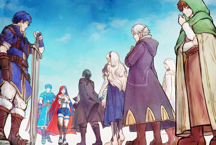 2girls, 6+boys, armor, belt, blue_hair, blue_sky, book, boots, brown_hair, cape, closed_mouth, coat, coat_on_shoulders, commentary_request, crossed_arms, day, emblem_(fire_emblem_engage), female_alear_(fire_emblem), female_corrin_(fire_emblem), fingerless_gloves, fire_emblem, fire_emblem:_new_mystery_of_the_emblem, fire_emblem:_the_blazing_blade, fire_emblem:_three_houses, fire_emblem_awakening, fire_emblem_engage, fire_emblem_fates, fire_emblem_heroes, full_body, fur_trim, gloves, gold_trim, hairband, holding, holding_book, hood, hood_down, kiran_(fire_emblem), knee_boots, long_hair, long_sleeves, male_byleth_(fire_emblem), male_kiran_(fire_emblem), male_kris_(fire_emblem), male_mark_(fire_emblem:_the_blazing_blade), male_robin_(fire_emblem), mark_(fire_emblem:_the_blazing_blade), marth_(fire_emblem), multiple_boys, multiple_girls, nintendo, outdoors, pants, puffy_sleeves, red_hair, short_hair, short_sleeves, skirt, sky, smile, sword, thighhighs, tiara, tohka_sd, weapon, white_hair, zettai_ryouiki
