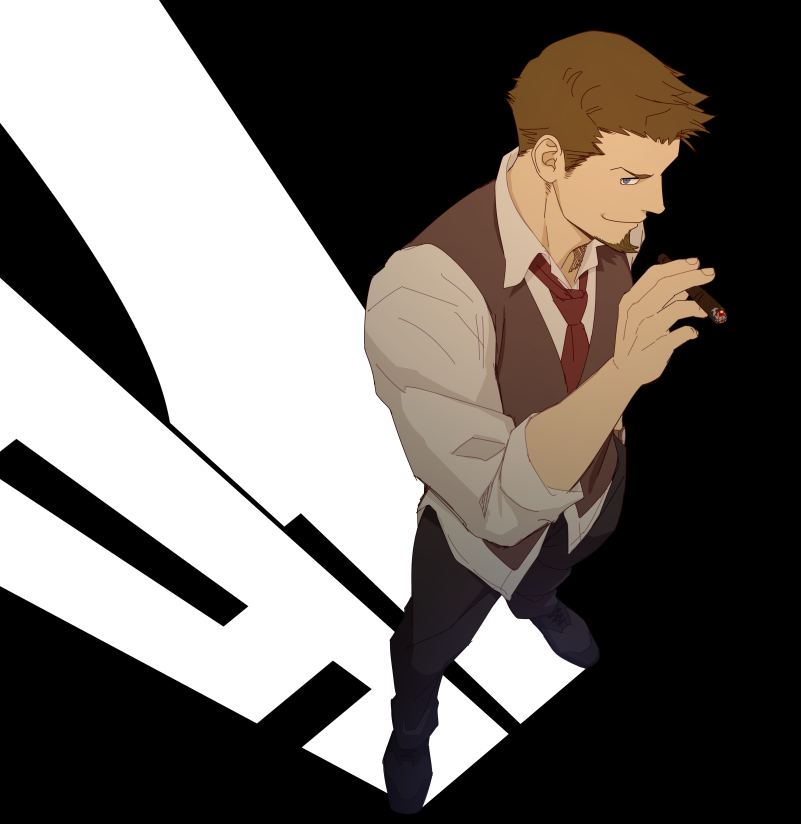 91_days, avilio_bruno, belt, black_background, black_footwear, black_pants, cigar, facial_hair