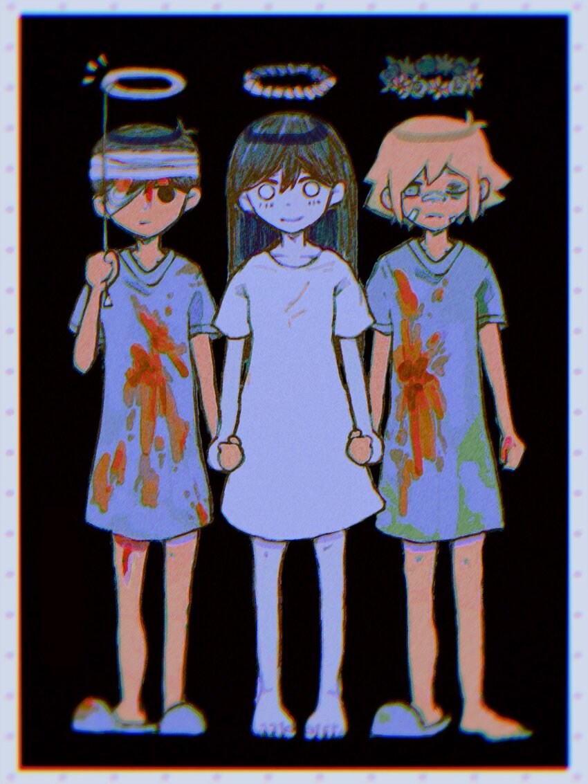 1girl, 2boys, bandage_over_one_eye, bandages, bandaid, bandaid_on_face, basil_(faraway)_(omori), basil_(hospital_gown)_(omori)