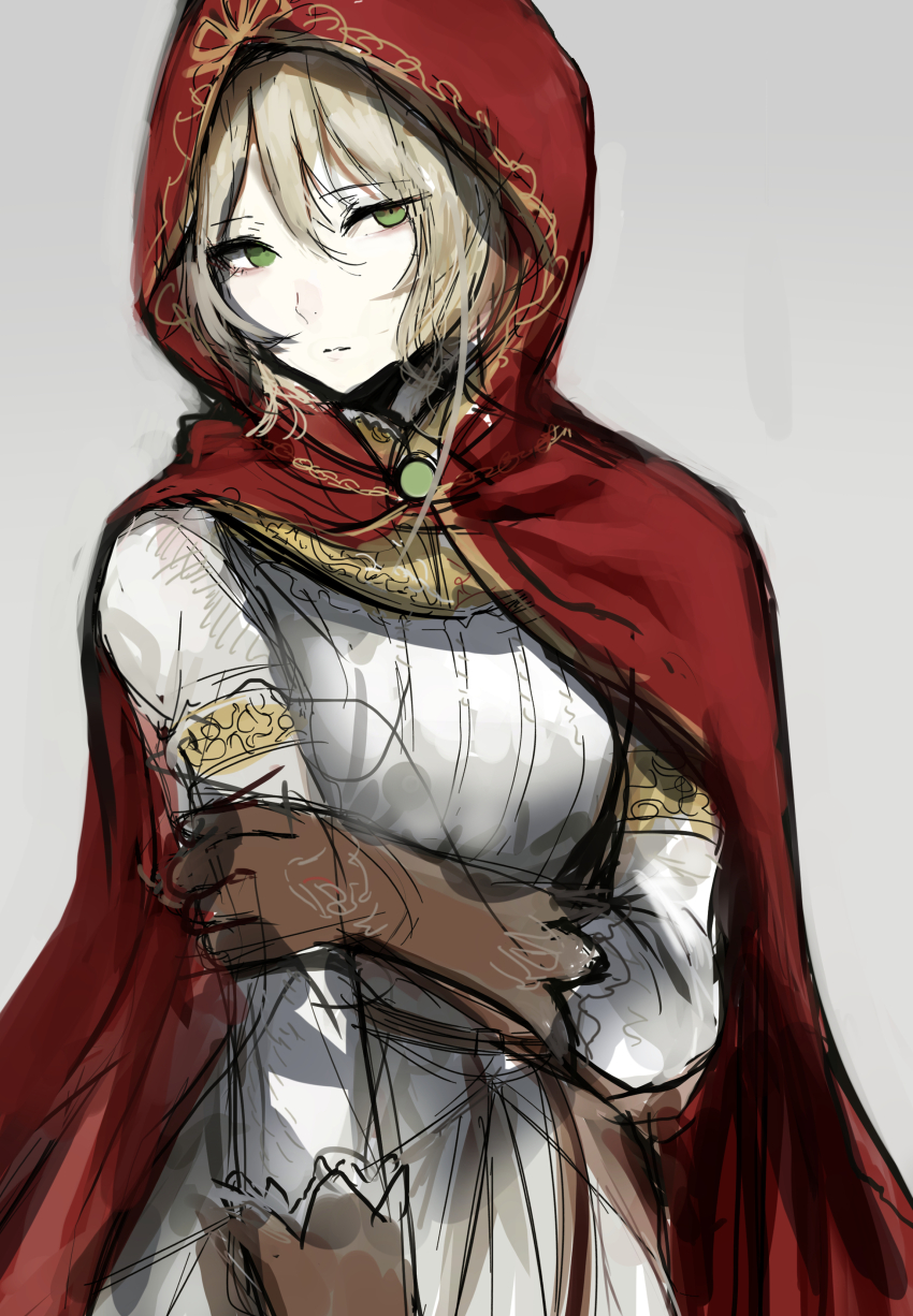 1girl, absurdres, blonde_hair, brown_gloves, chuhaibane, closed_mouth, dress, elden_ring