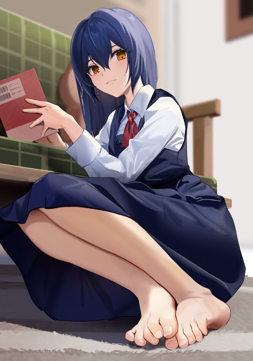 1girl, absurdres, barefoot, blue_dress, blurry, blurry_background, book, brown_eyes