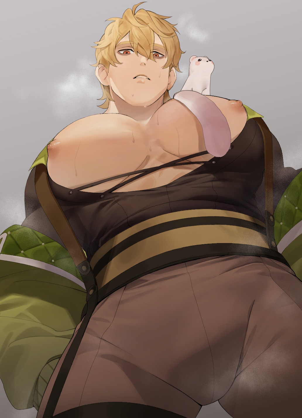 1boy, animal, animal_on_shoulder, bara, bare_pectorals, black_shirt, blonde_hair, brown_eyes