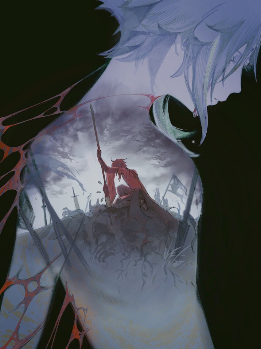 1boy, battle, black_background, corpse, crying, double_exposure, from_side, genshin_impact