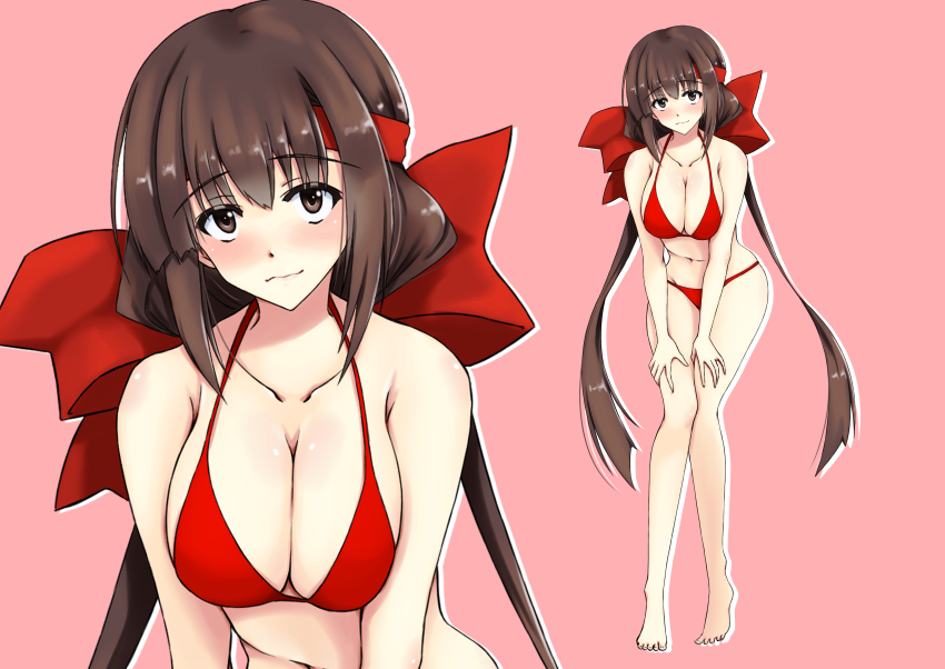 1girl, absurdres, bikini, black_hair, blush, breasts, brown_hair, cleavage