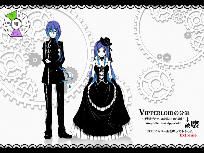 2boys, alternate_hair_color, anti_the_holic_(vocaloid), bad_id, bad_pixiv_id, black_dress, blue_hair, dress