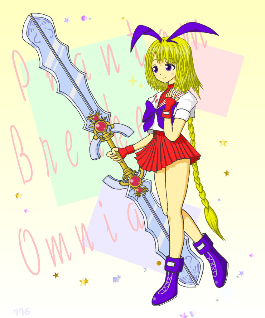 1girl, braid, breasts, fingerless_gloves, gloves, hair_ribbon, hand_on_own_chest, highres, legs, long_hair, phantom_breaker, purple_eyes, ribbon, school_uniform, skirt, small_breasts, smile, solo, sophia_karganova, thighs, weapon