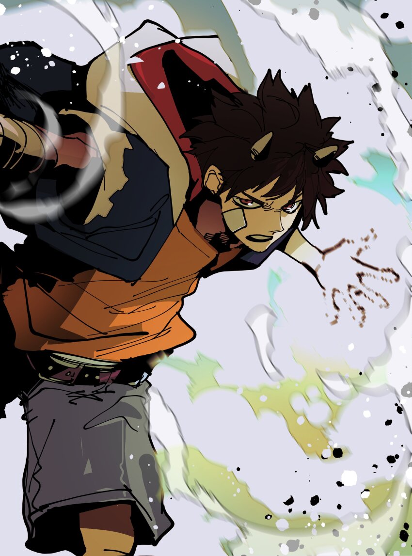 1boy, absurdres, angry, belt, black_belt, blue_jacket, blue_shorts, brown_hair