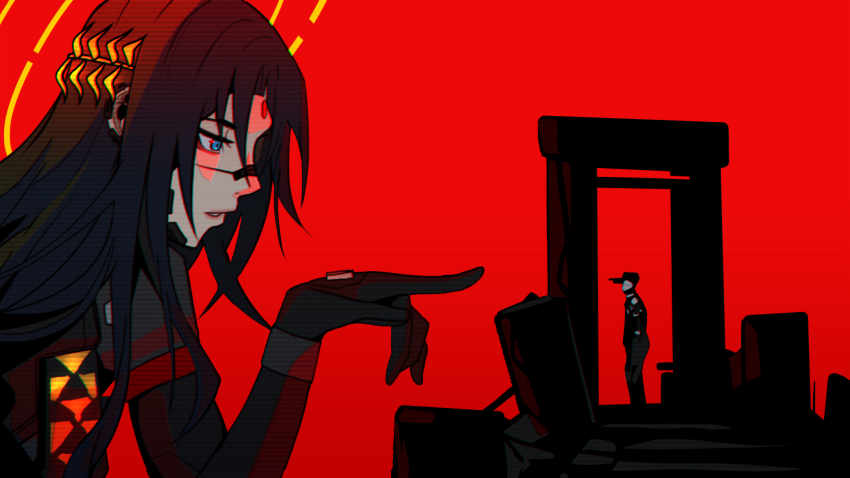 1boy, 1girl, adler_(signalis), android, arch, armor, black_hair, blade_runner_(series), blade_runner_2049, blue_eyes, facial_mark, falke_(signalis), goslingposting_(meme), halo, highres, knife, knife_in_head, laurel_crown, long_hair, meme, object_through_head, pointing, pointing_at_another, signalis, xuuikie_ashe, you_look_lonely_(meme)